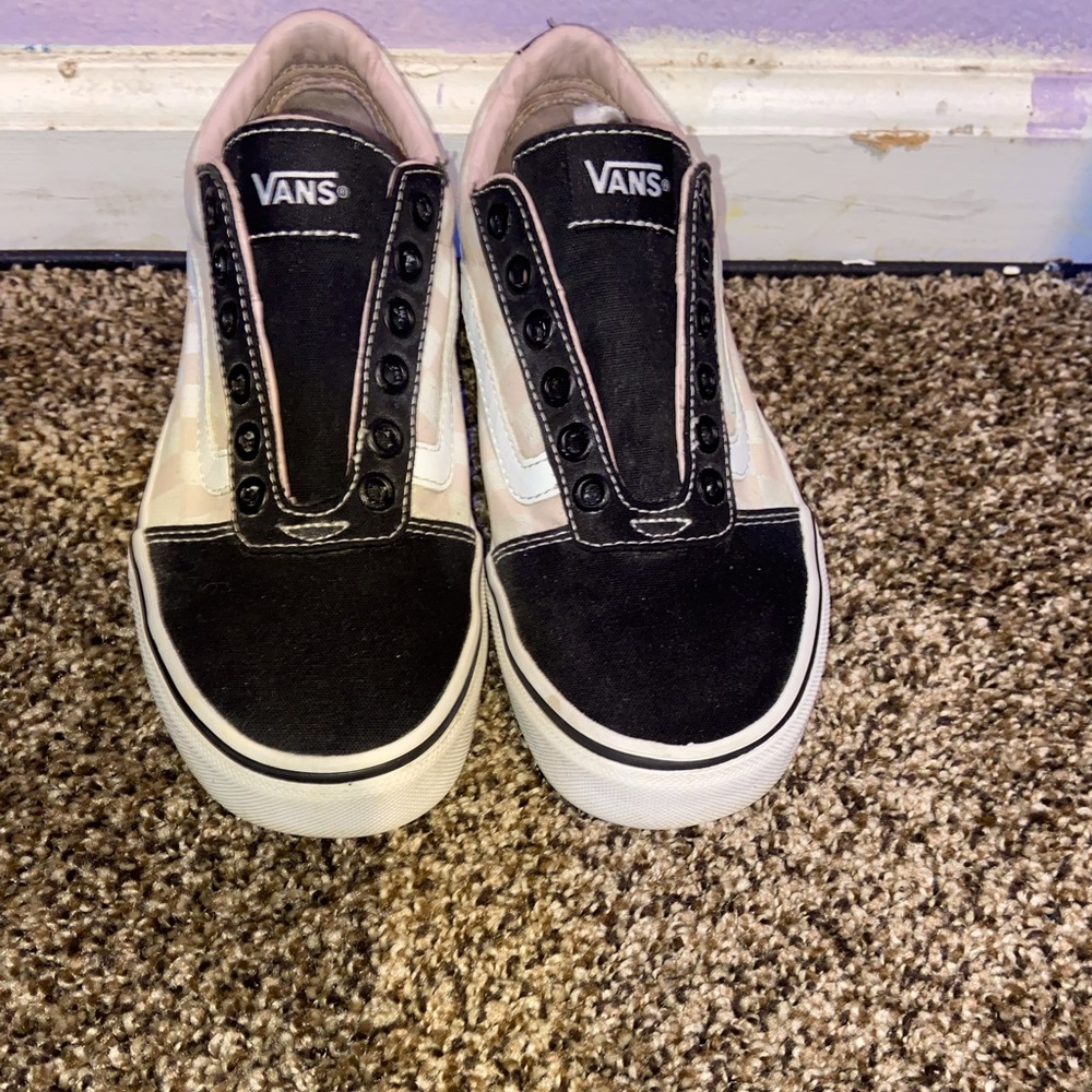 Pink and white checker vans with black